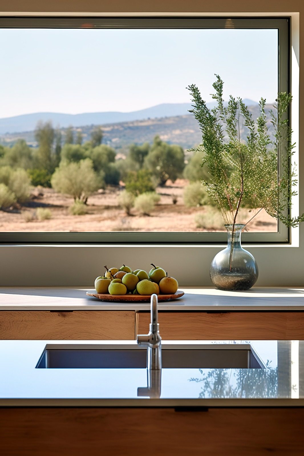 Kitchen with wood veneer fronts, sink, and a countryside view through the window